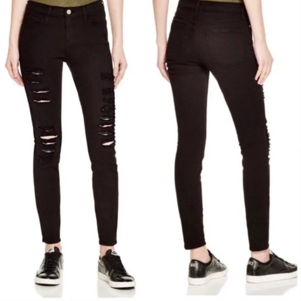 Frame Le Skinny De Jeanne Distressed Black Jeans in Film Noir Wash 24